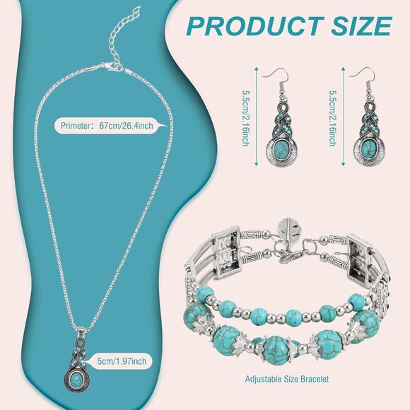 Western Jewelry for Women Bohemian Turquoise Jewelry Set Vintage Leather Navajo - Picture 4 of 6